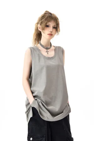 High Street Distressed Slit Sleeveless T-Shirt Solid Color Vest