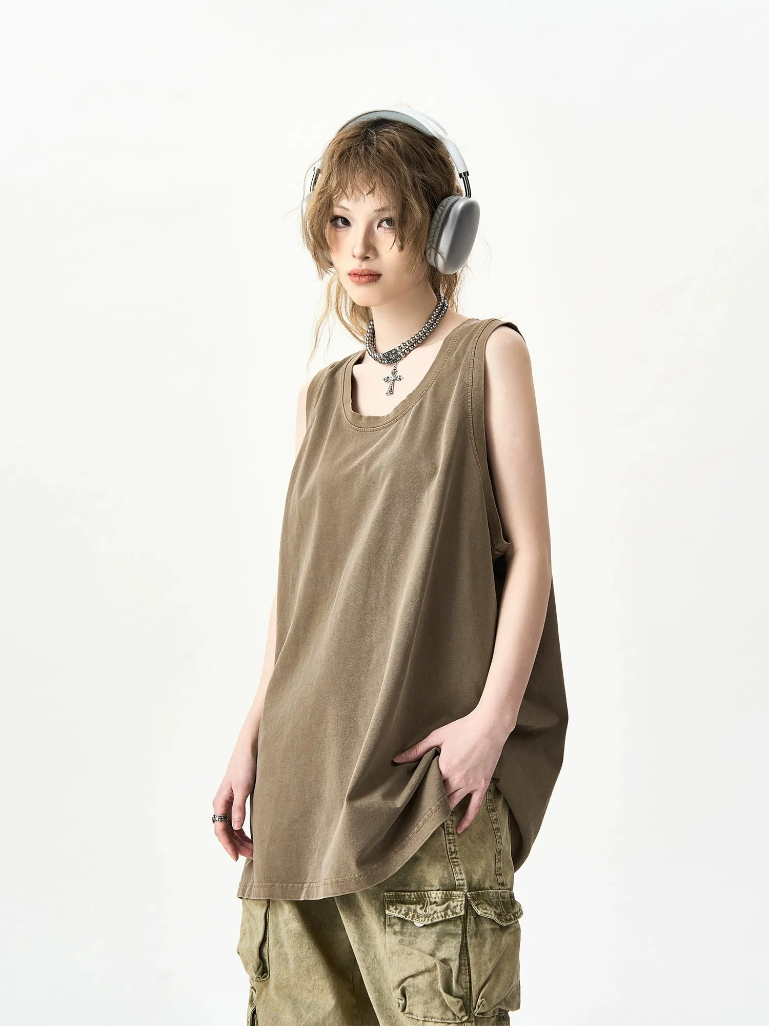 High Street Distressed Slit Sleeveless T-Shirt Solid Color Vest