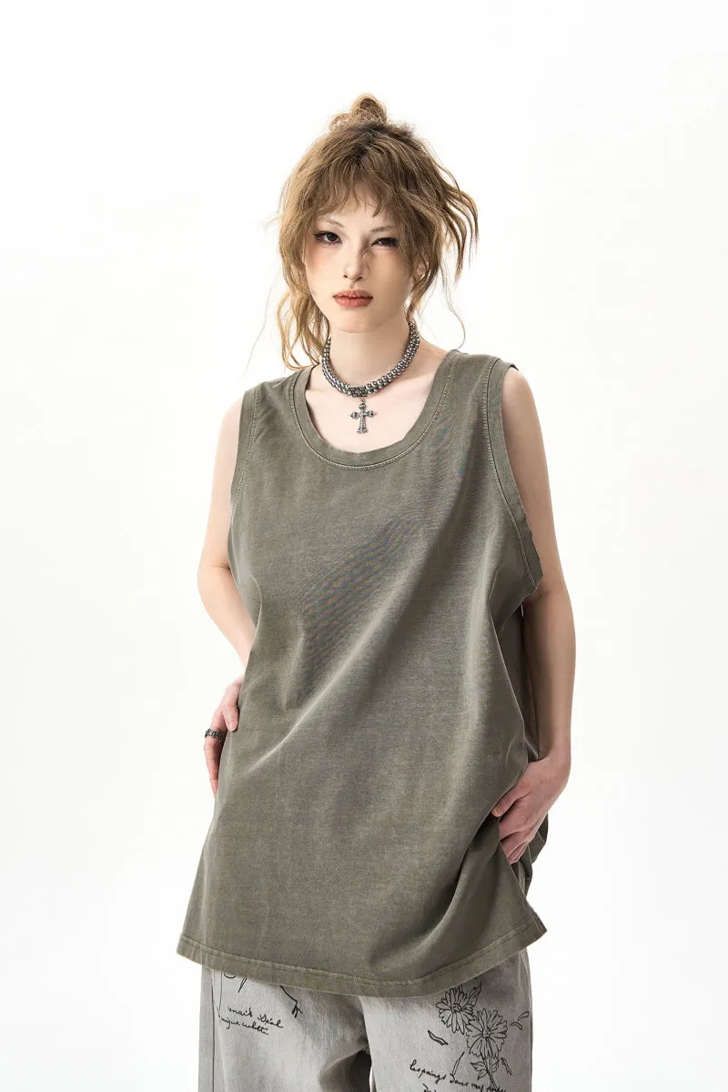 High Street Distressed Slit Sleeveless T-Shirt Solid Color Vest