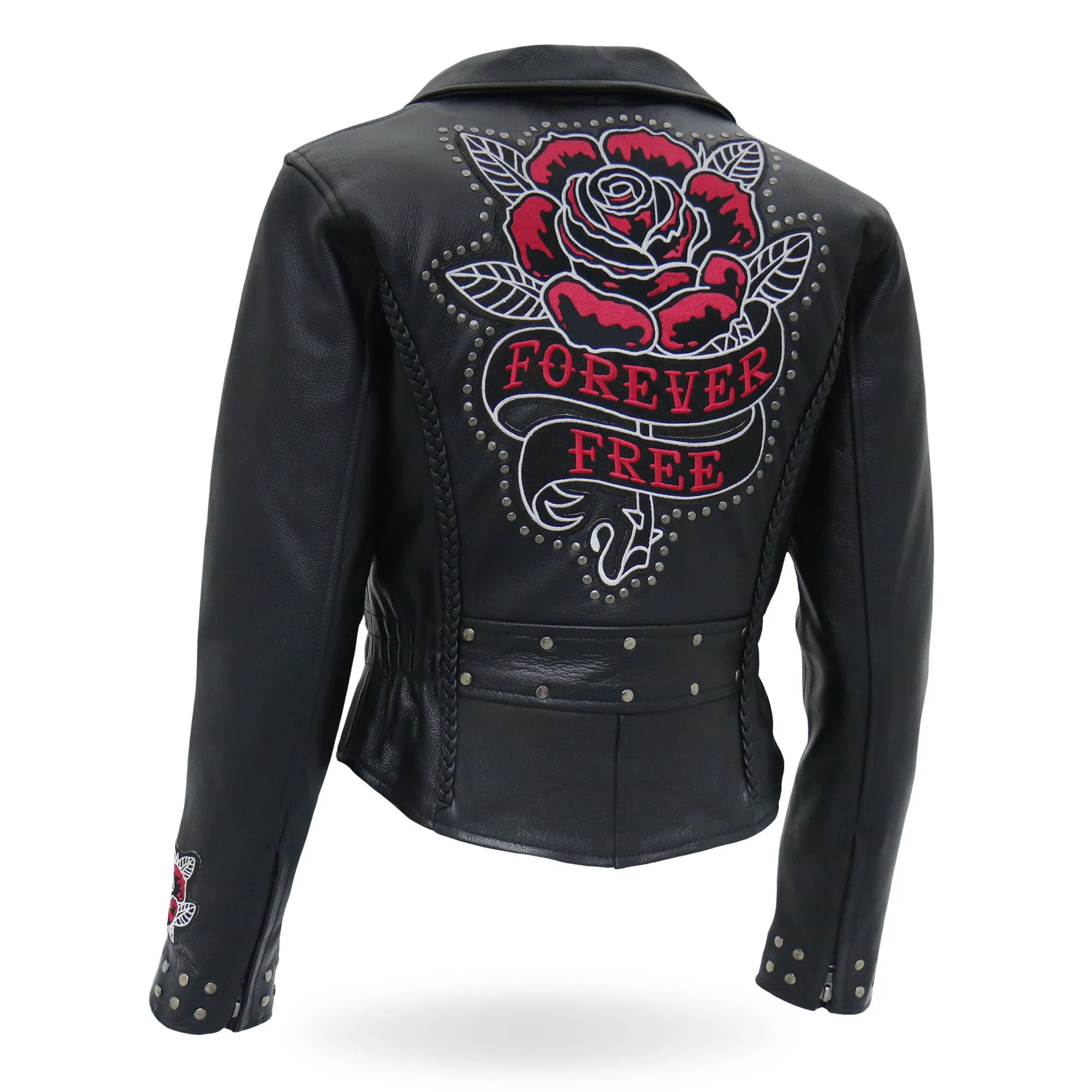 Hot Leathers JKL2001 Ladies Black Braided Motorcycle Leather Biker Jacket with Embroidered Bling Rose Design