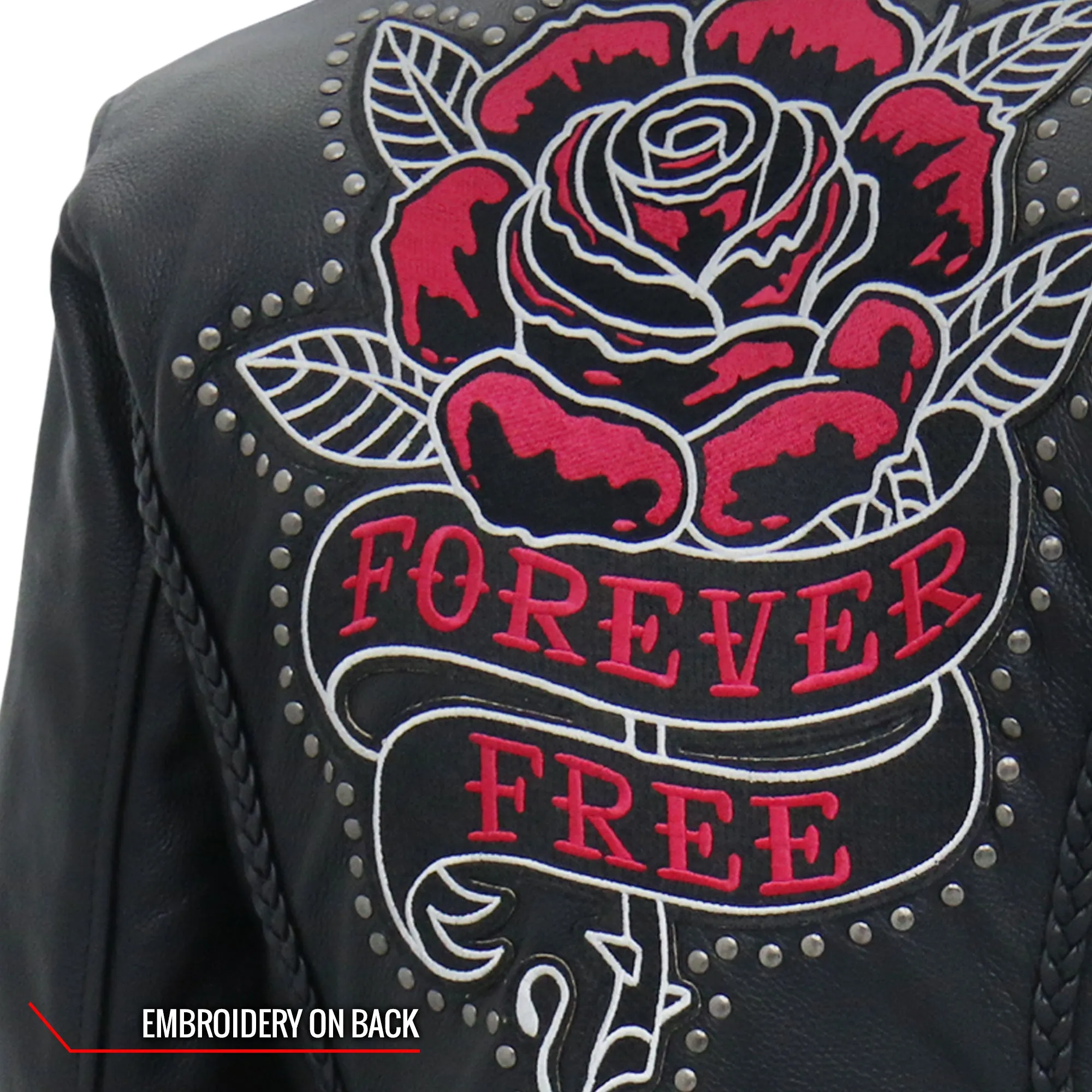 Hot Leathers JKL2001 Ladies Black Braided Motorcycle Leather Biker Jacket with Embroidered Bling Rose Design