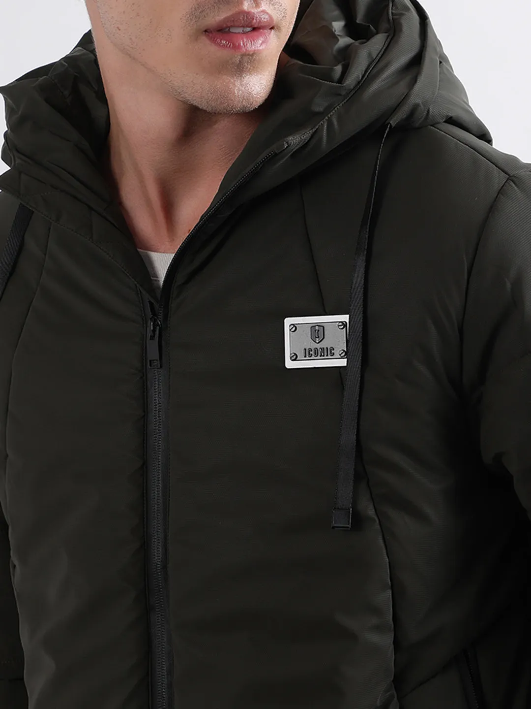 Iconic Men Olive Solid Hooded Jacket