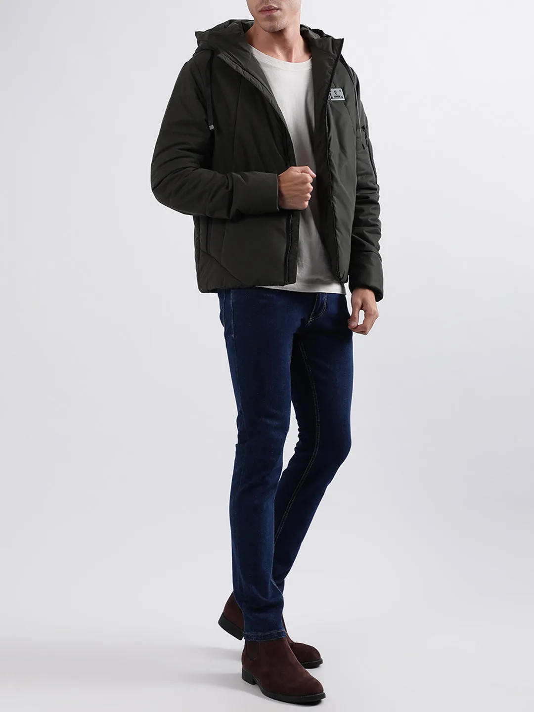 Iconic Men Olive Solid Hooded Jacket