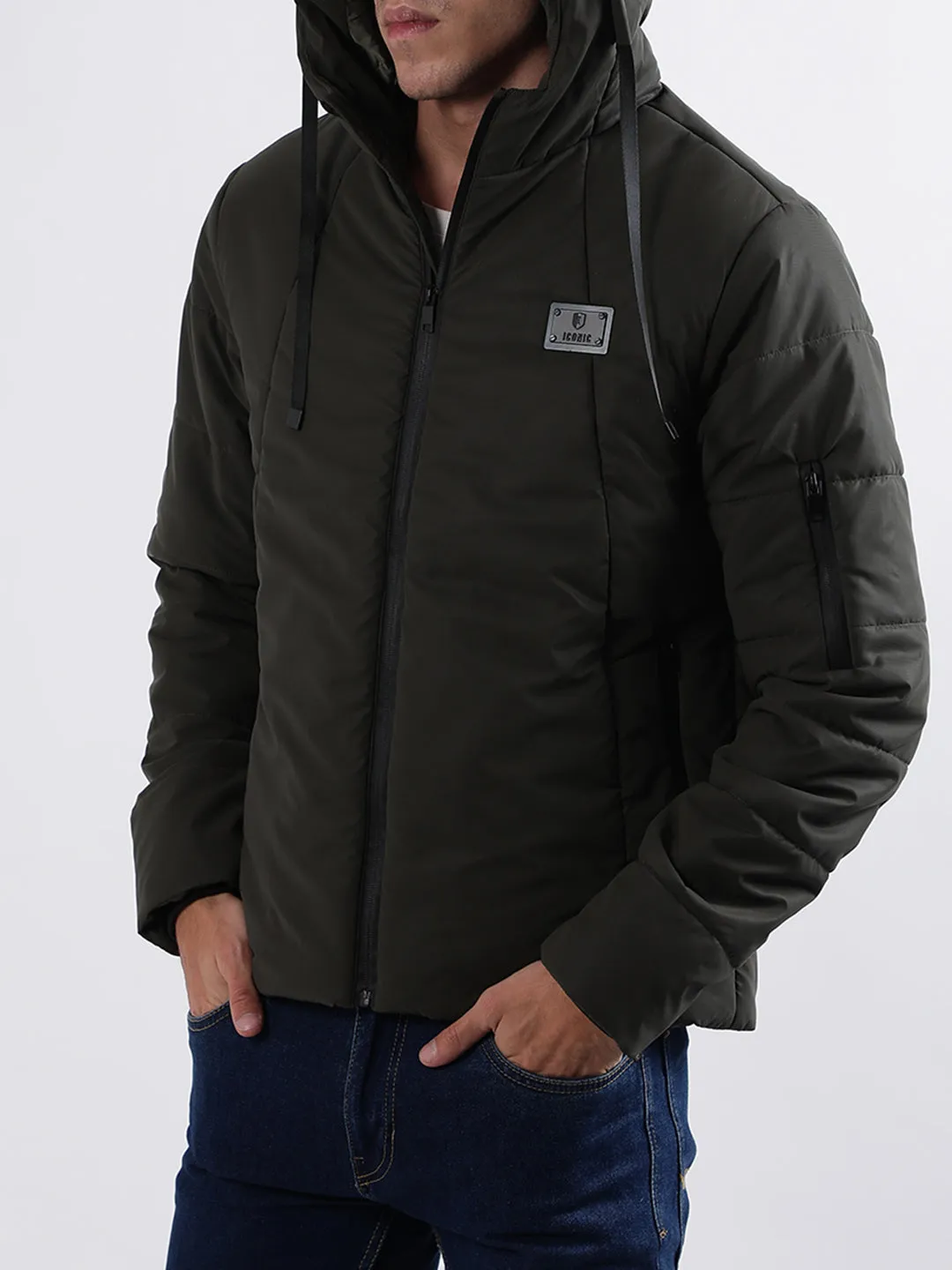 Iconic Men Olive Solid Hooded Jacket