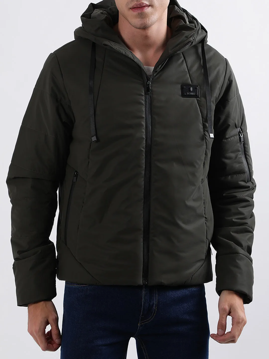 Iconic Men Olive Solid Hooded Jacket