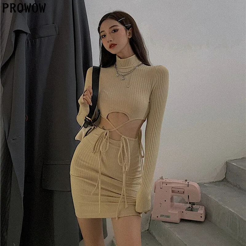 Joskaa hoco dresses 2024 Autumn Fashion Hollow Out Waist Sweater Dress Women Vintage Slim Knitted Dress Female Casual Bodycon Mini Dress Robe Femme