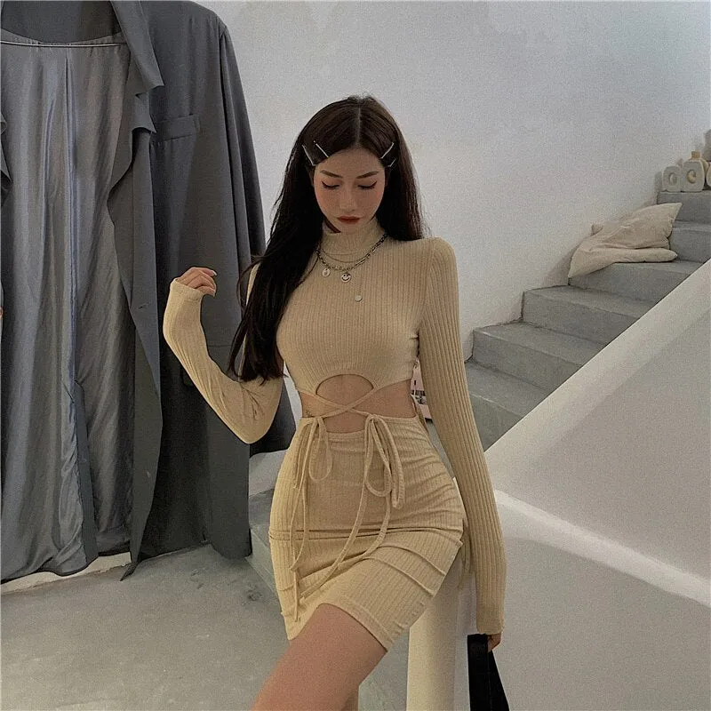 Joskaa hoco dresses 2024 Autumn Fashion Hollow Out Waist Sweater Dress Women Vintage Slim Knitted Dress Female Casual Bodycon Mini Dress Robe Femme