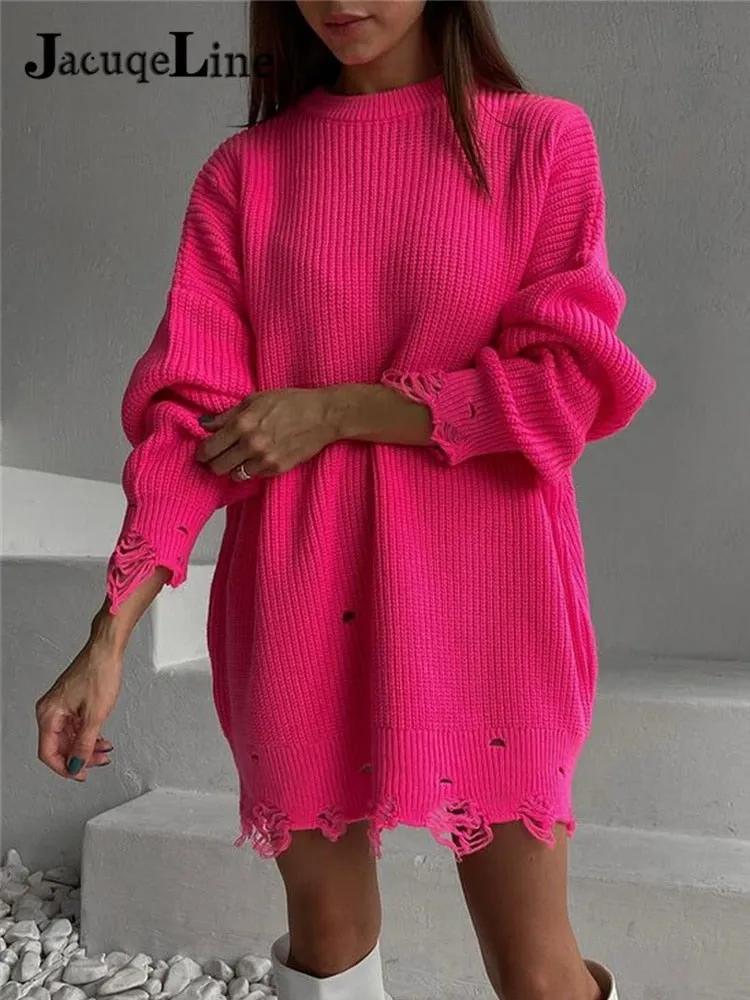 Joskaa hoco dresses Christmas Gift Jacuqeline O Neck Oversized Mini Knitted Women Sweater Dress 2024 Autumn Winter Long Sleeve Elegant Street Casual Loose Dresses