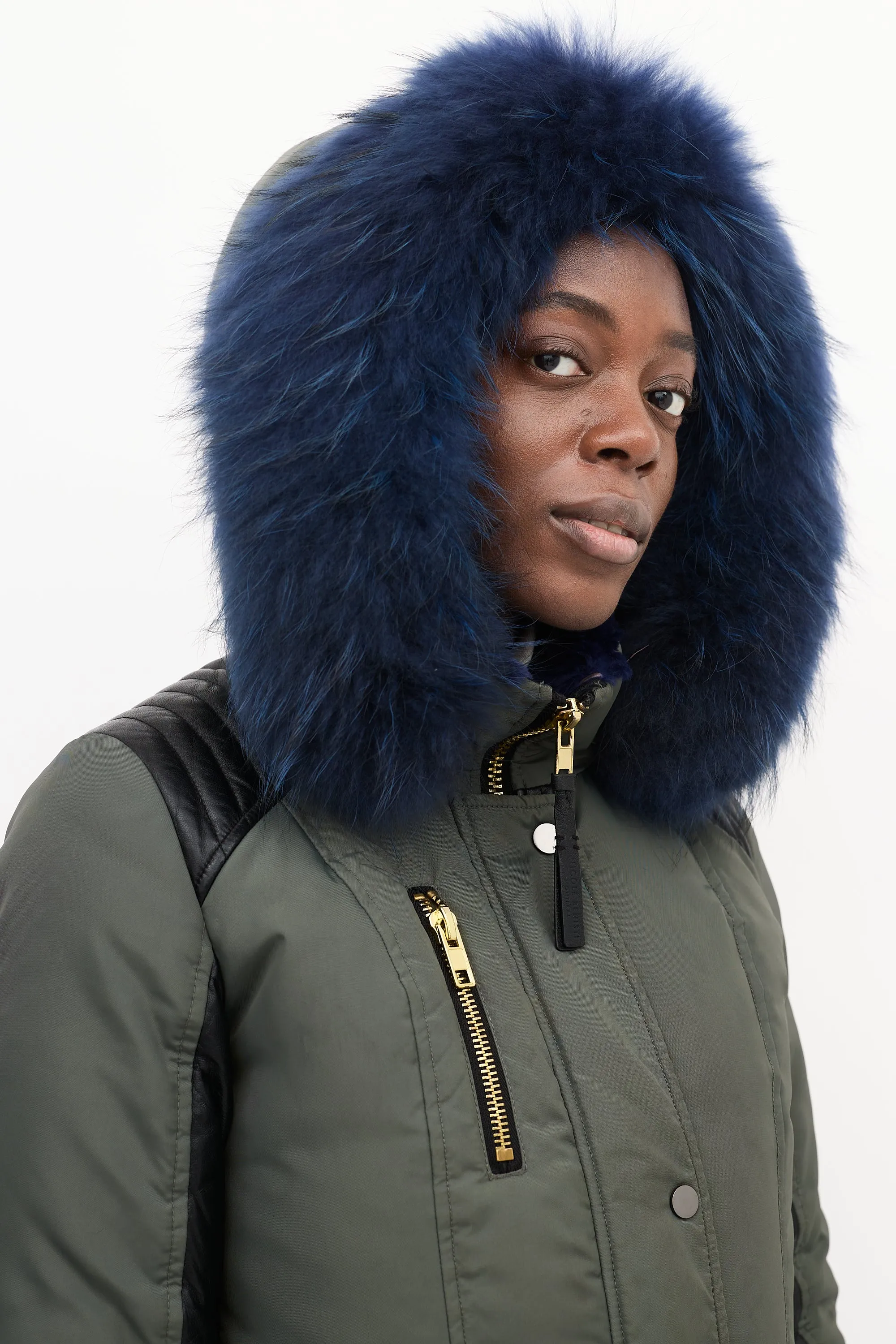 Khaki Green & Blue Shearling Down Coat