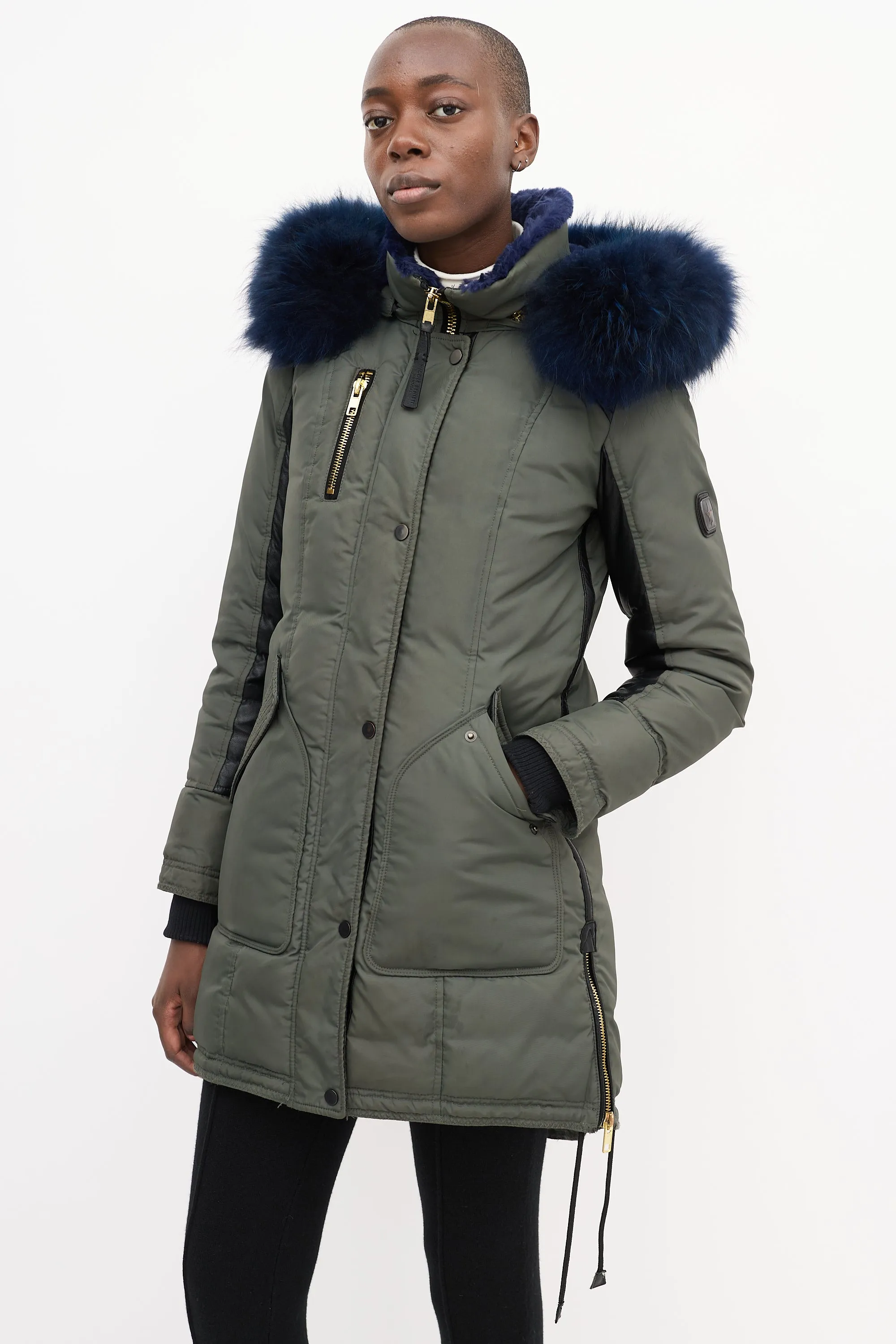 Khaki Green & Blue Shearling Down Coat