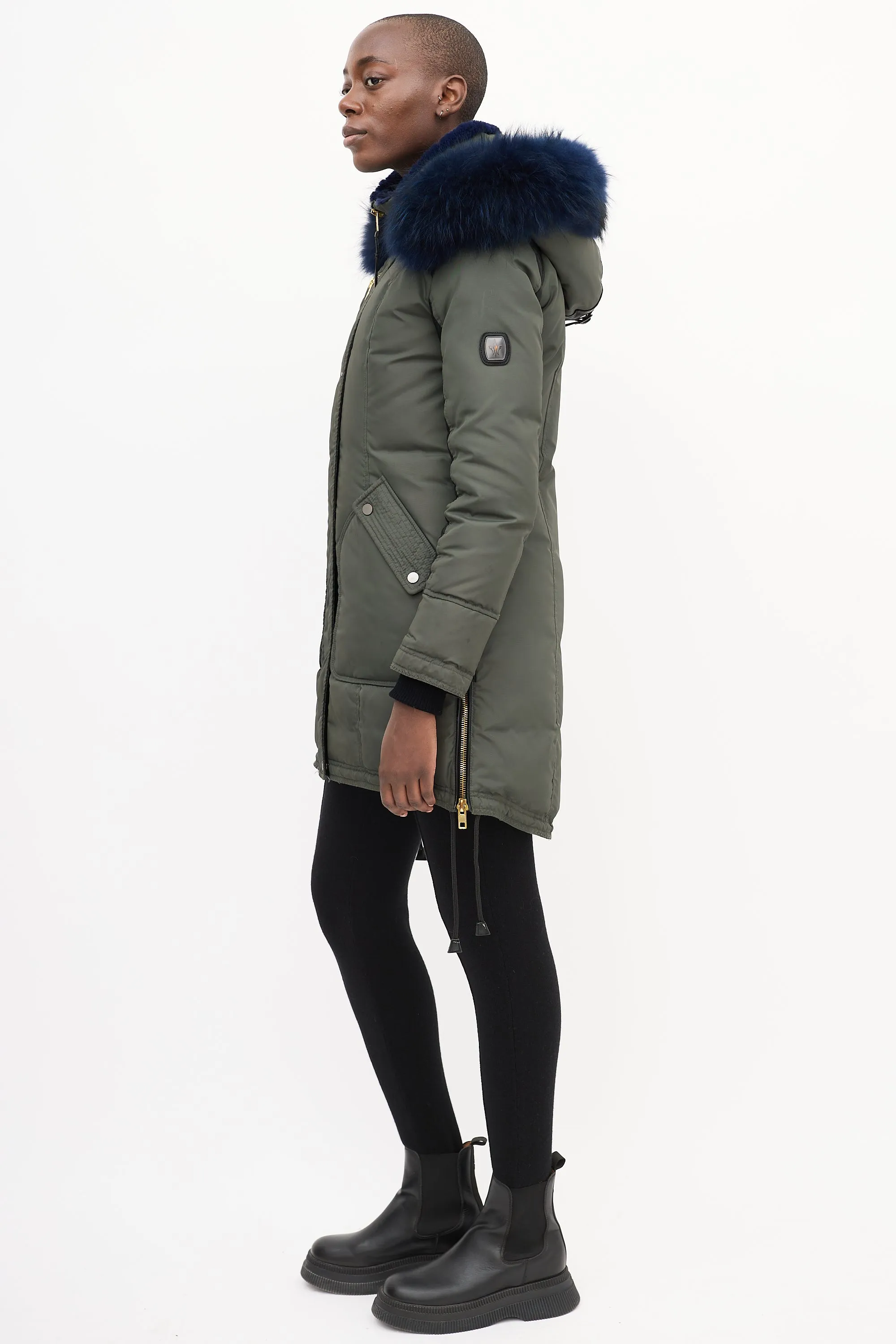 Khaki Green & Blue Shearling Down Coat