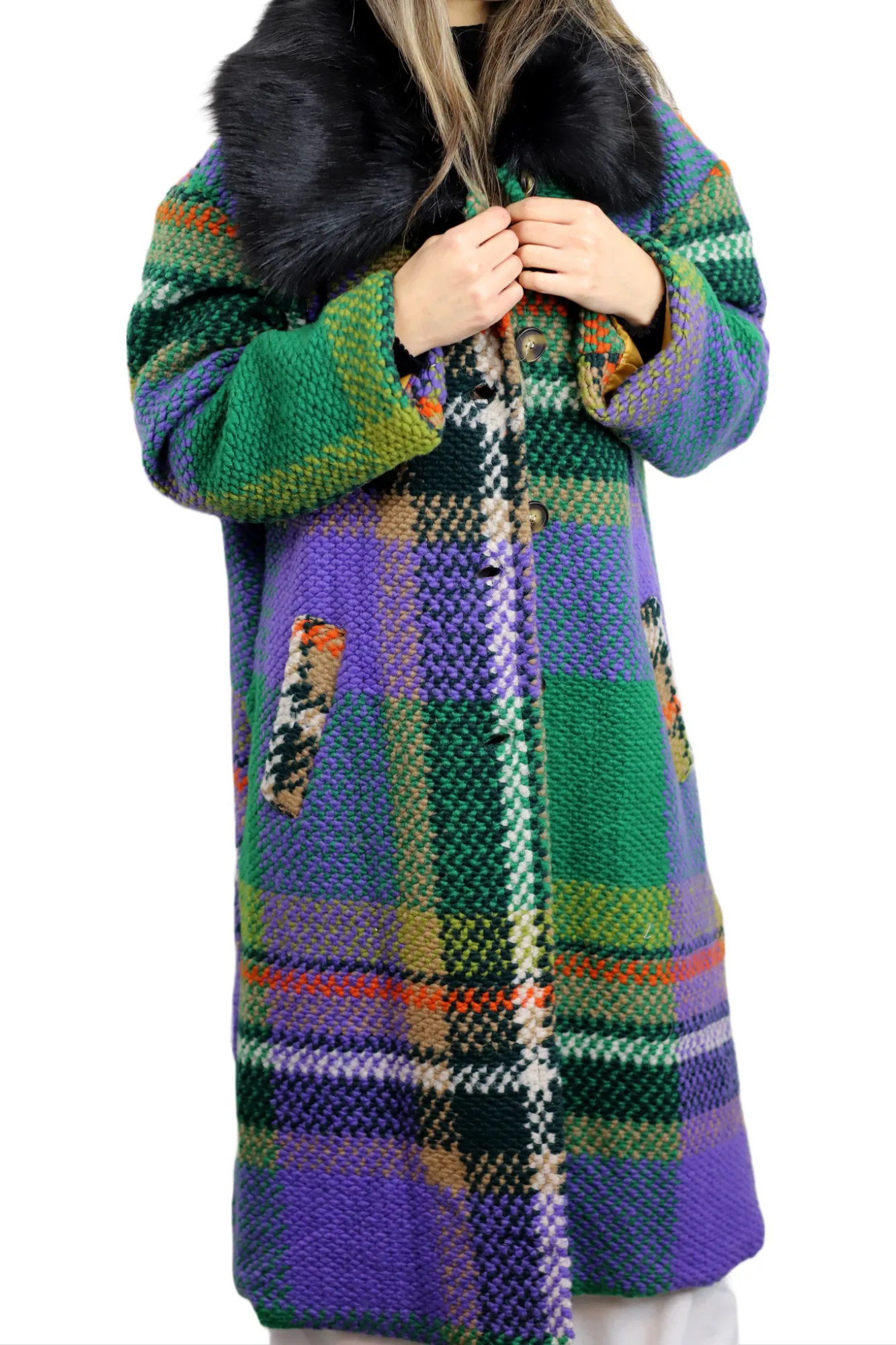 La Fiorentina Long Plaid Wool Coat w/ Faux Fur Trim- Green/Black