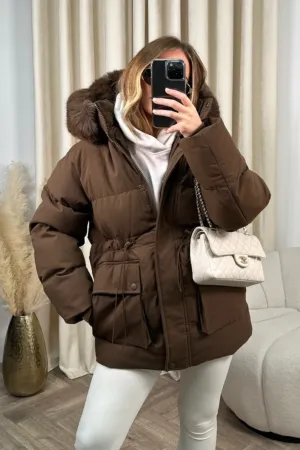 Leah chocolate faux fur short puffer coat