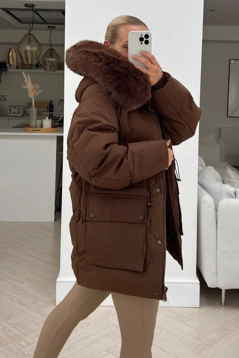 Leah chocolate faux fur short puffer coat