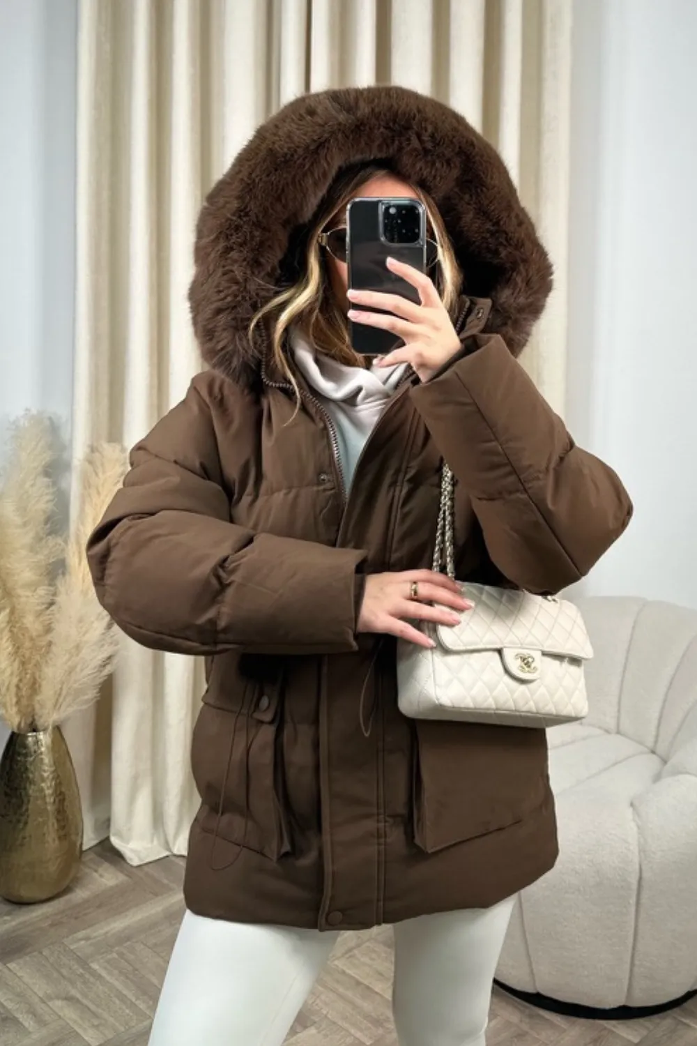 Leah chocolate faux fur short puffer coat