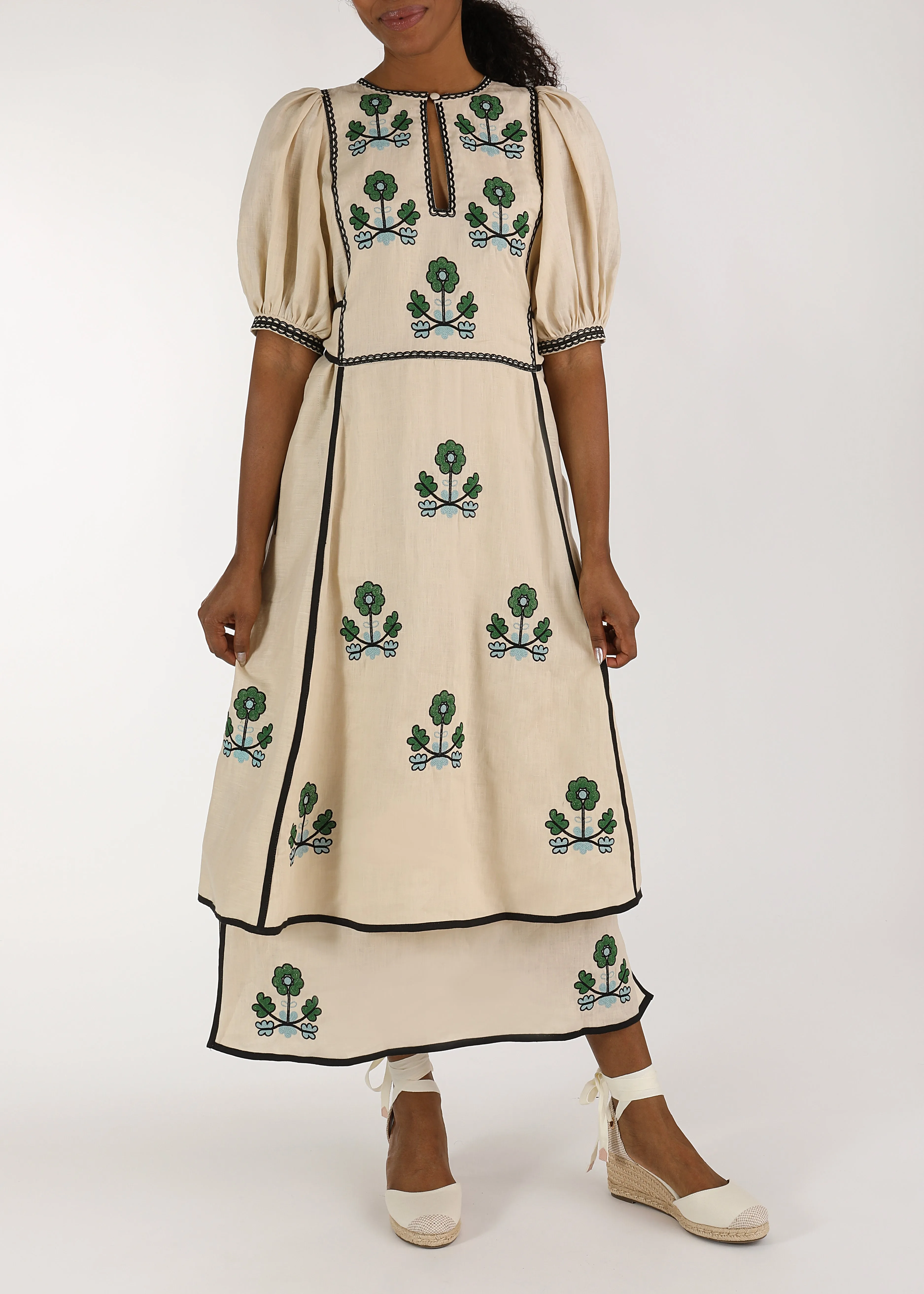 Lillie Ukrainian Embroidered Dress - Ivory, Green