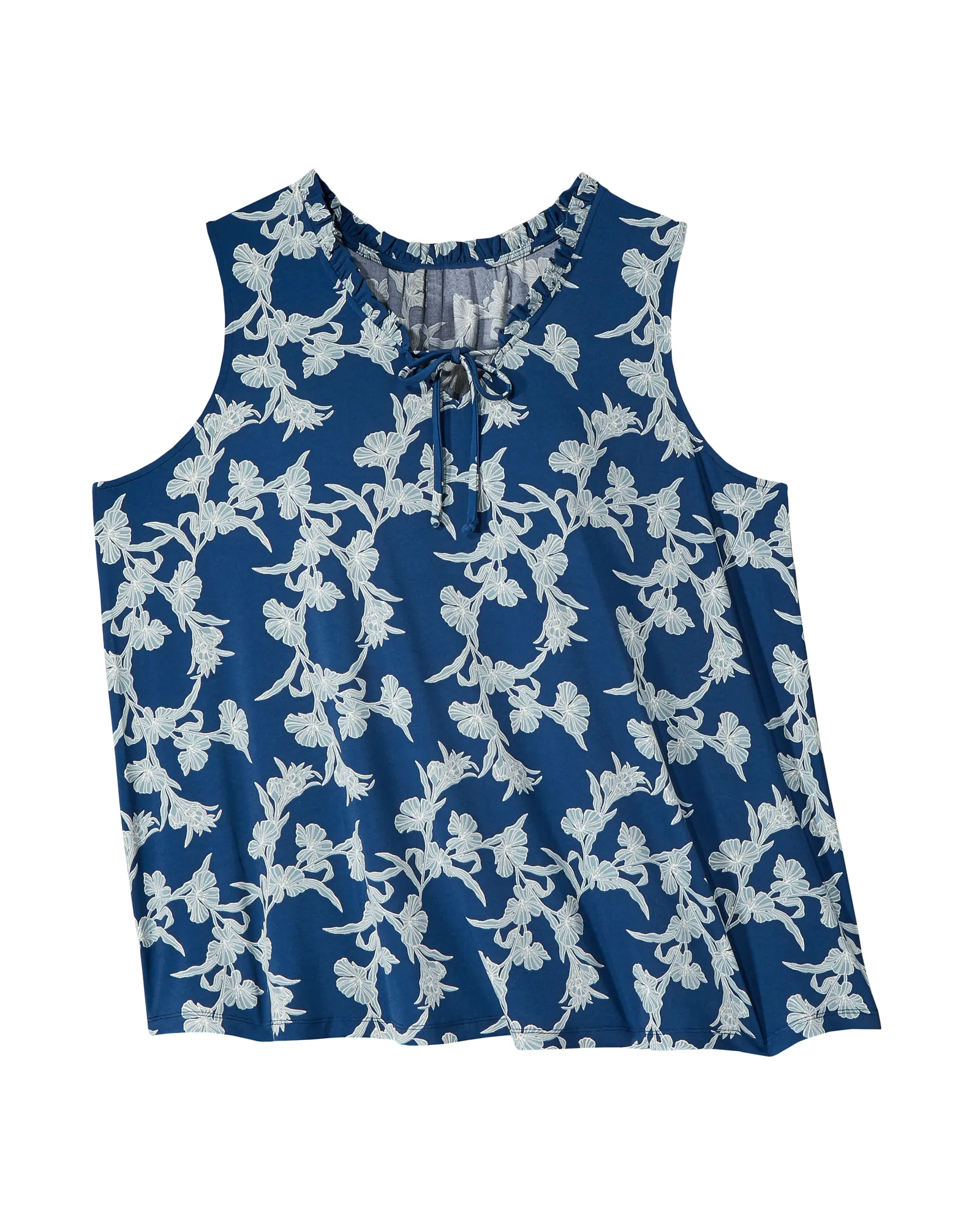 Melanie Sleeveless Ruffle Neck Printed Top | Navy / Ivory