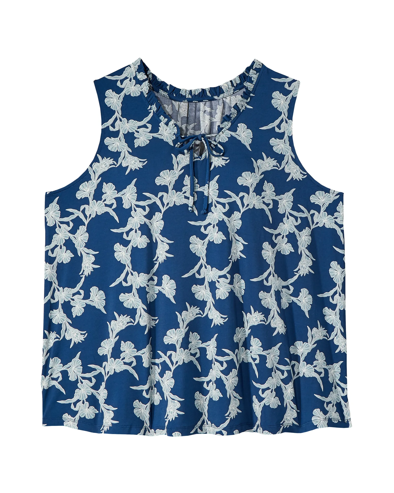 Melanie Sleeveless Ruffle Neck Printed Top | Navy / Ivory