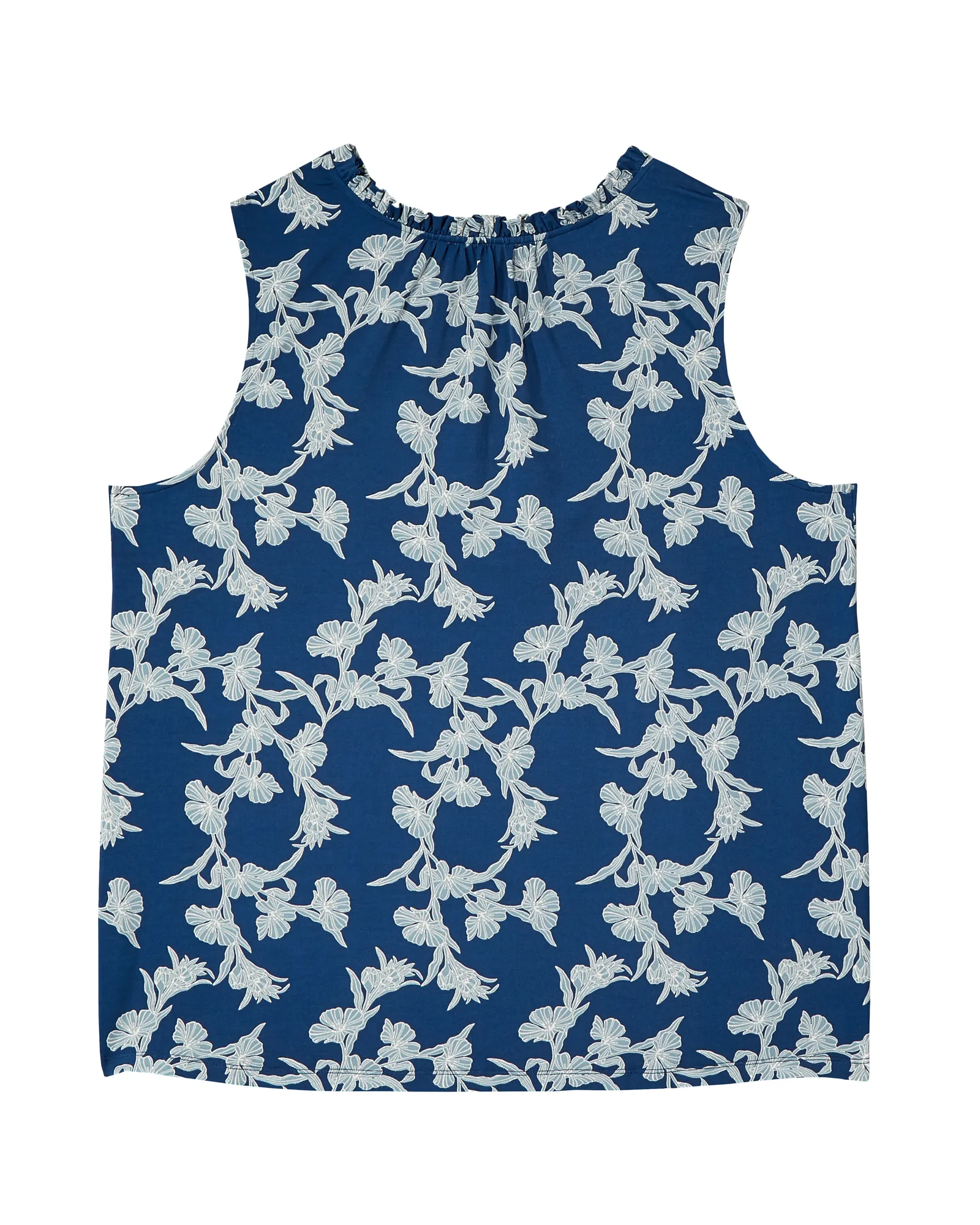 Melanie Sleeveless Ruffle Neck Printed Top | Navy / Ivory