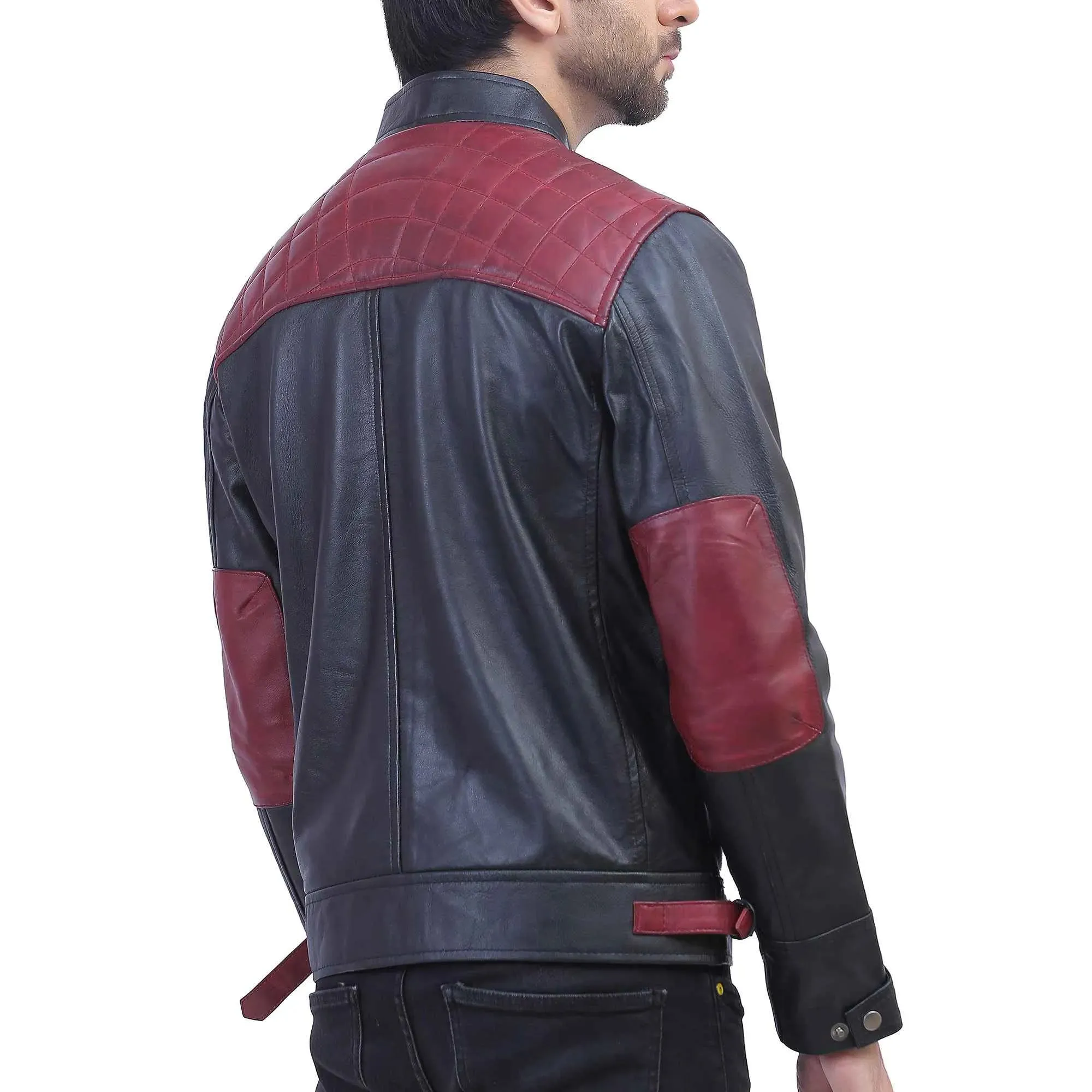 Mens Black and Maroon Quilted Leather Jacket