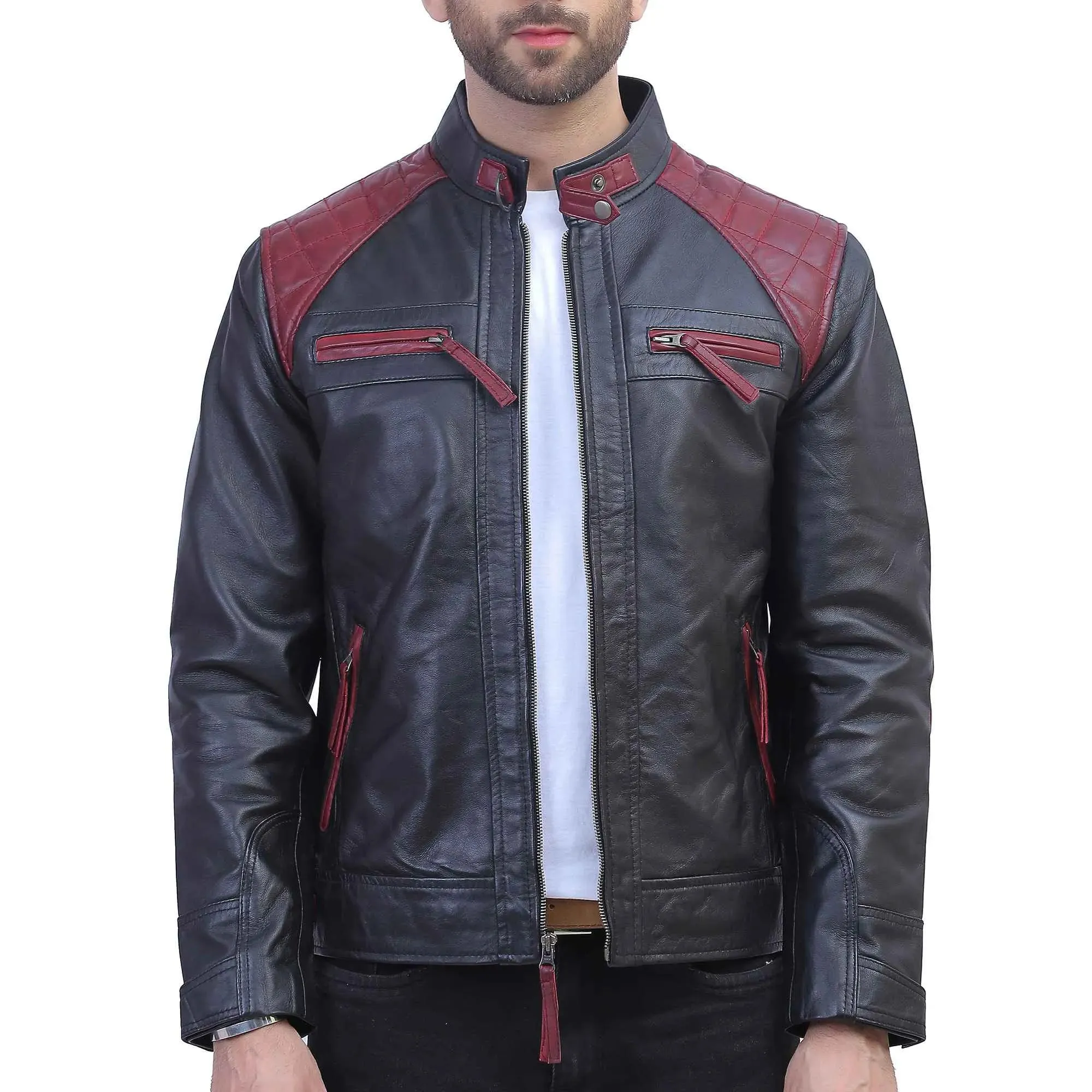 Mens Black and Maroon Quilted Leather Jacket