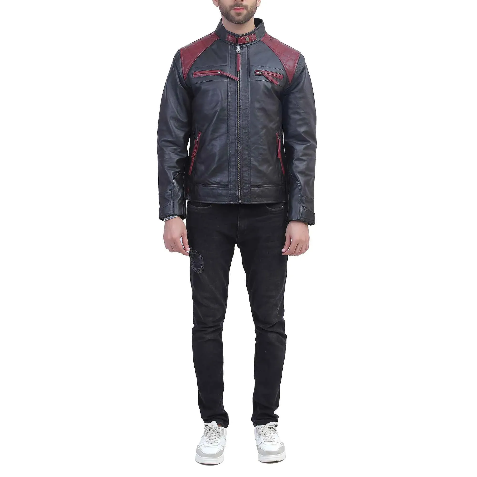 Mens Black and Maroon Quilted Leather Jacket