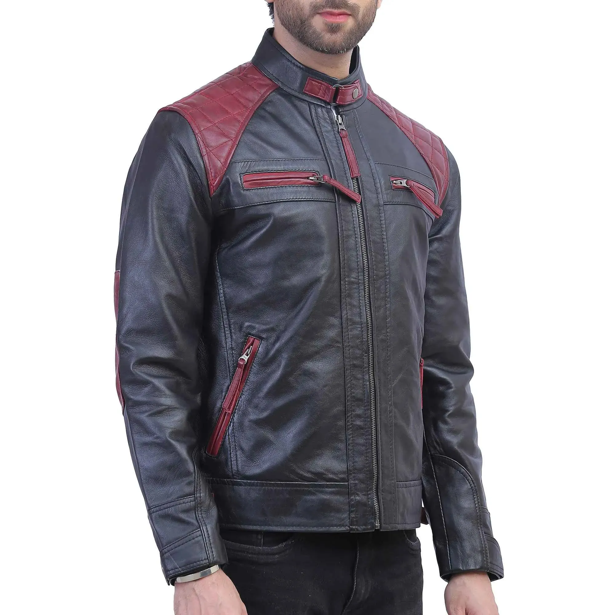 Mens Black and Maroon Quilted Leather Jacket