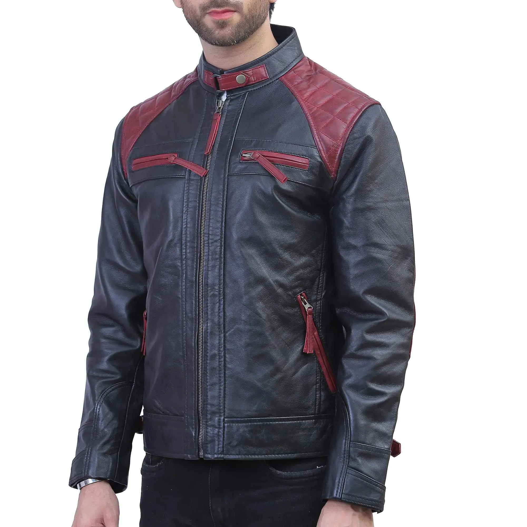 Mens Black and Maroon Quilted Leather Jacket