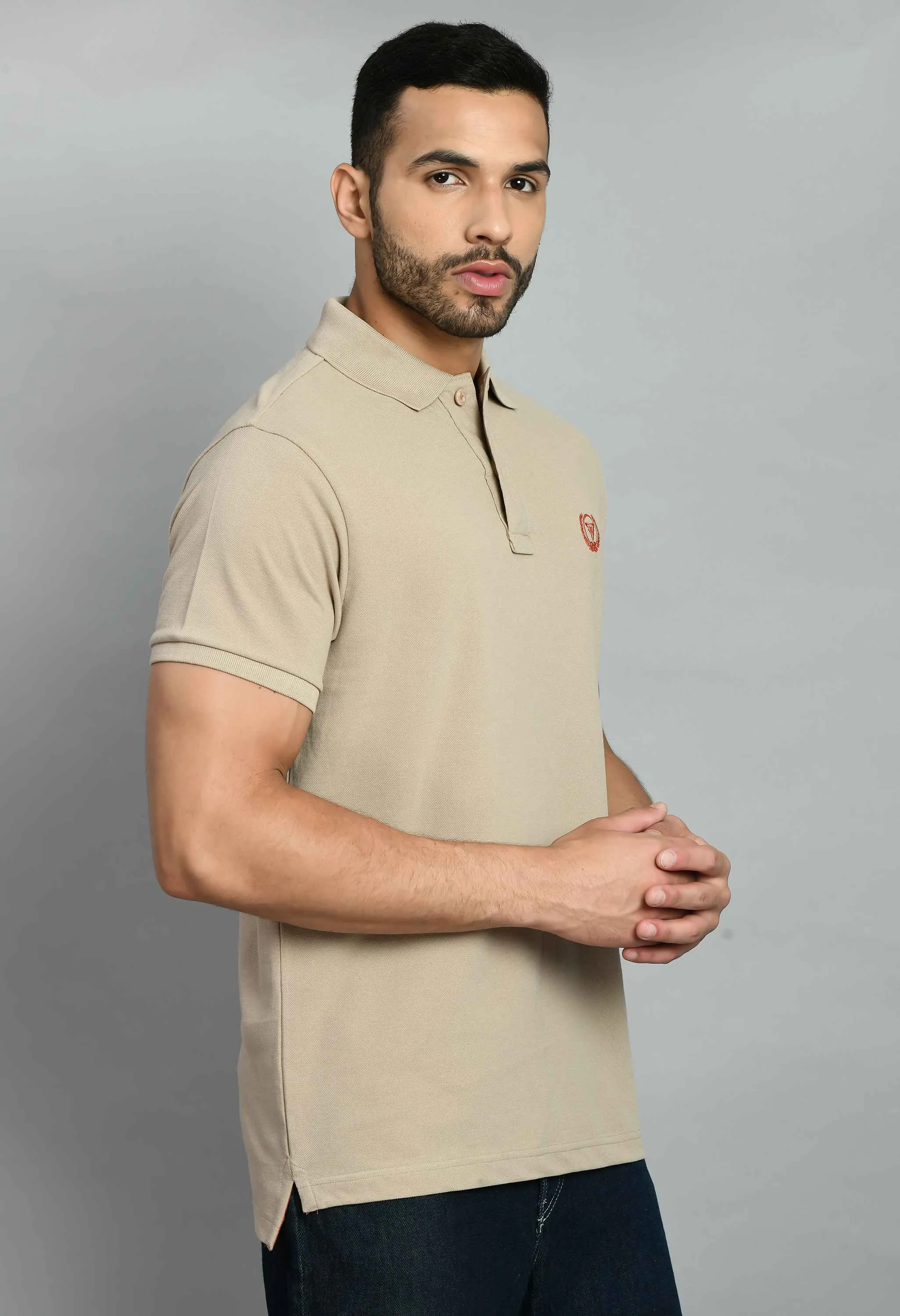 Men's Solid Beige Smart Fit Polo T-Shirt