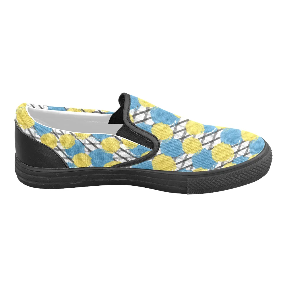 Men's Yellow Blue Polka Print Canvas Slip-On Shoes