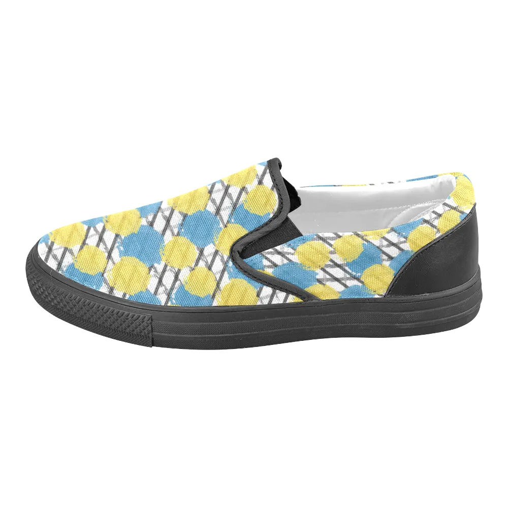 Men's Yellow Blue Polka Print Canvas Slip-On Shoes