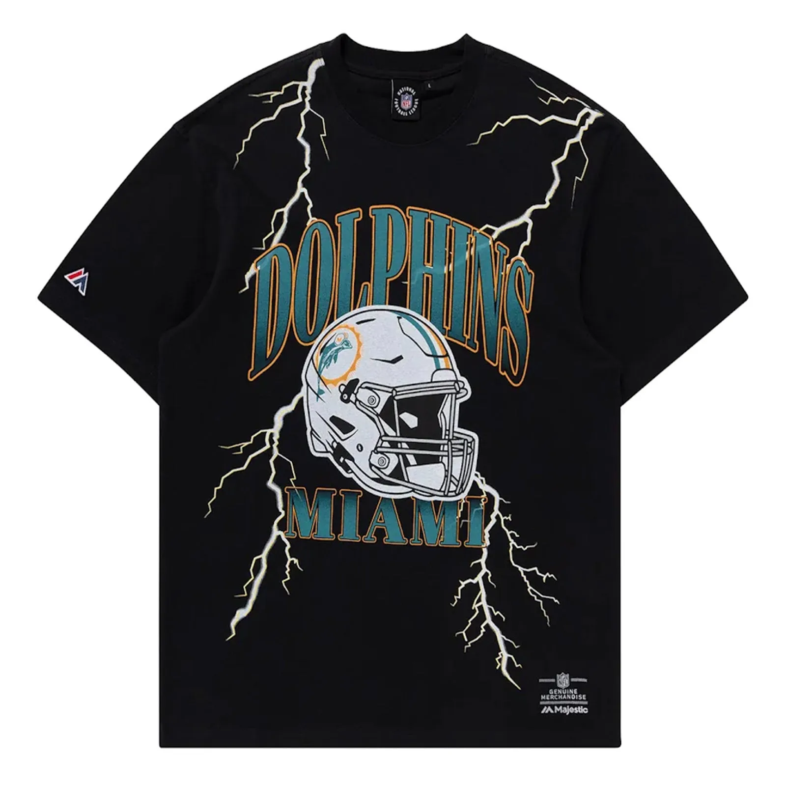 Miami Dolphins Team Helmet Lightning Adult T-Shirt NFL by Majestic