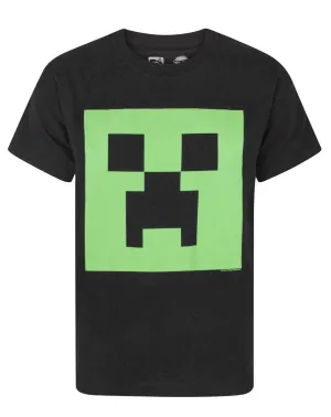 Minecraft Creeper Glow In The Dark Face Boys Black T-Shirt