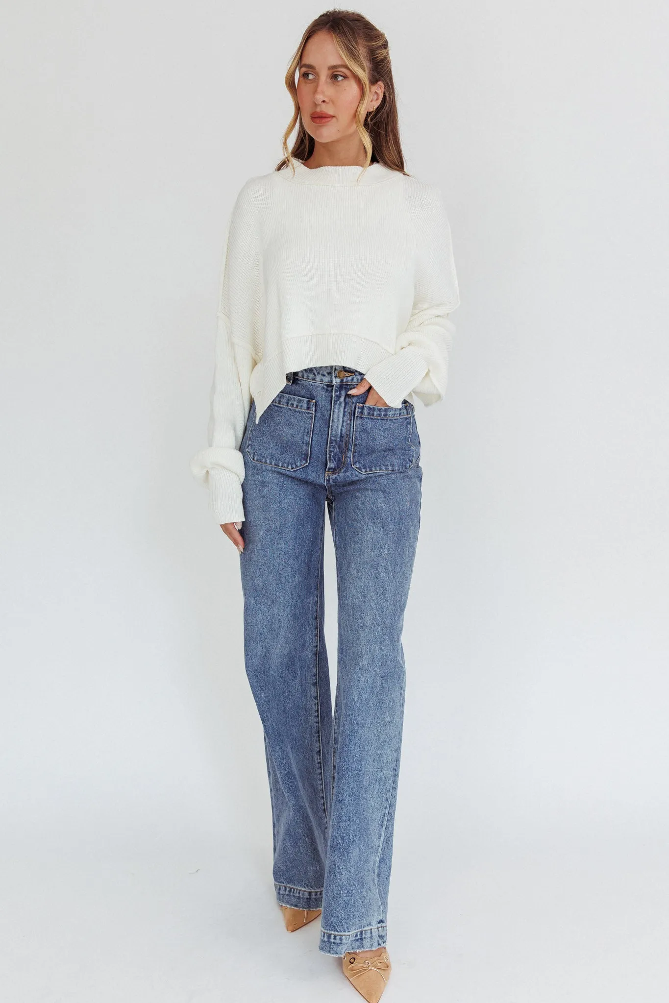 Morning Frost Crop Ribbed Knit Sweater White