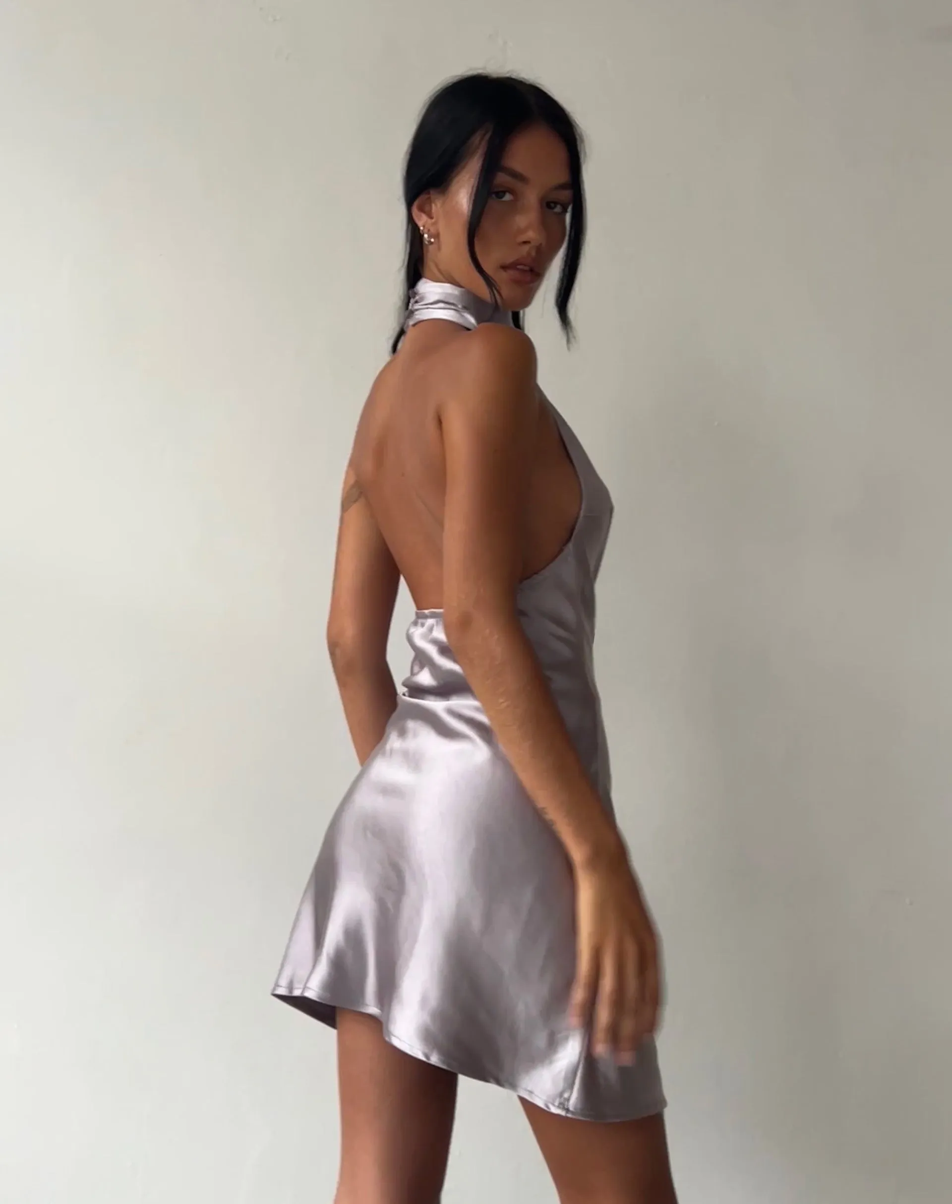 MOTEL X JACQUIE Atik Halterneck Mini Dress in Satin Silver