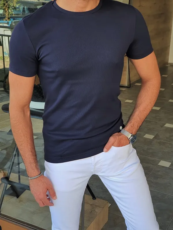 Navy Blue Slim Fit Round Neck T-Shirt for Men by GentWith.com