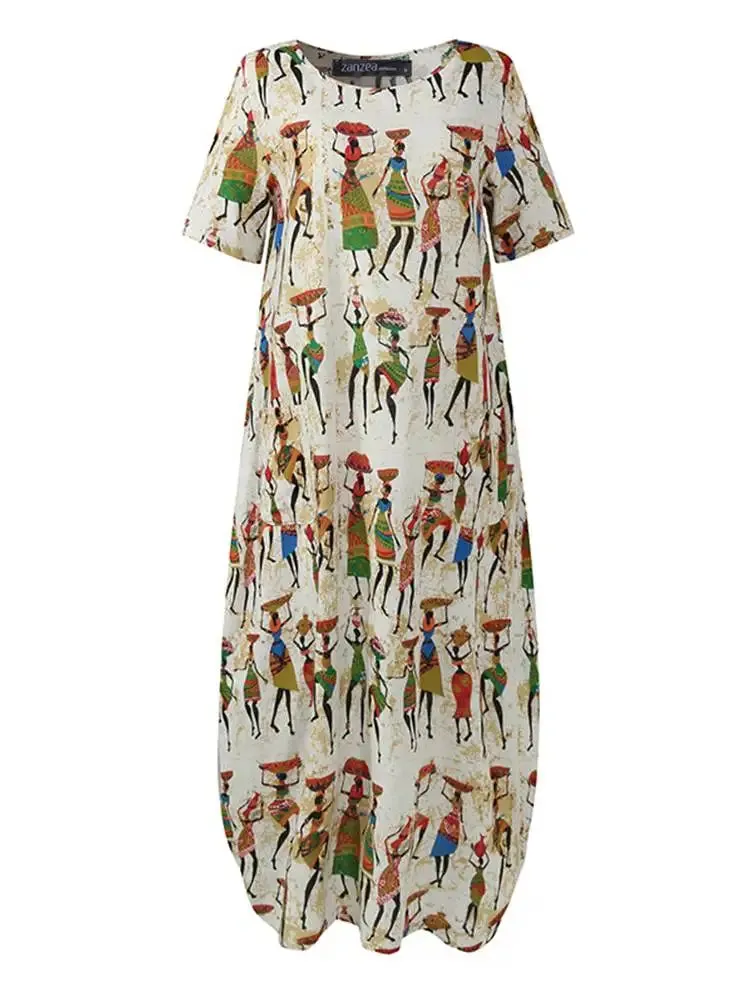 O-Neck ZANZEA Stylish Cartoon Print Casual Maxi Dress