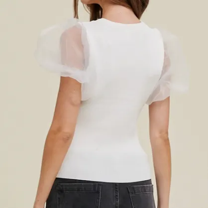 Party Central Organza Puff Sleeve Knit Top