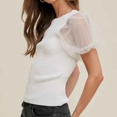 Party Central Organza Puff Sleeve Knit Top