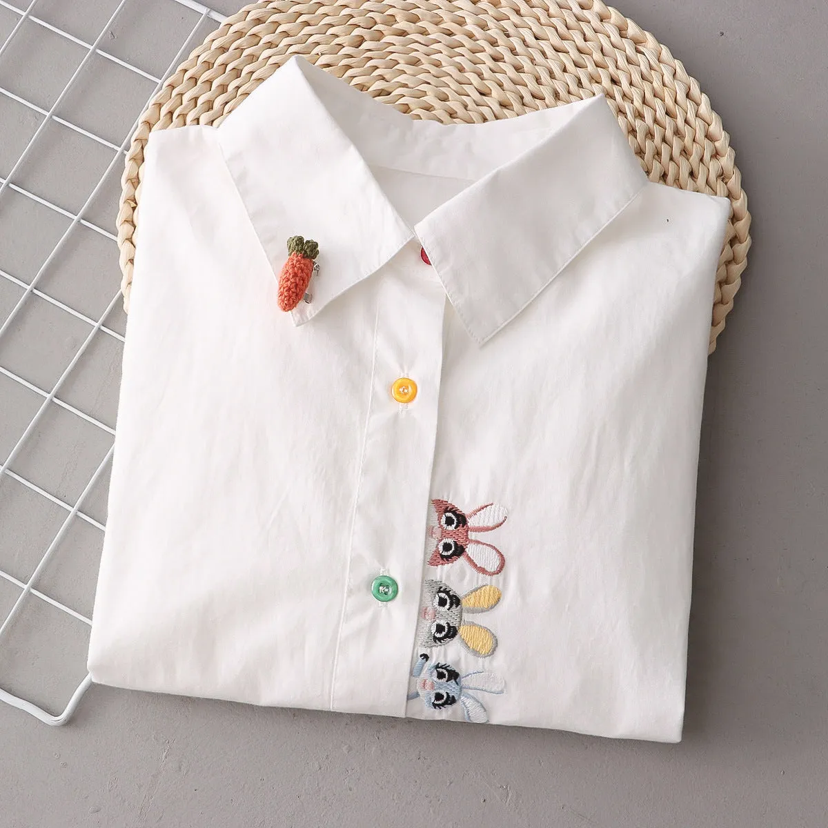 Placket Rabbit Embroidered Shirt