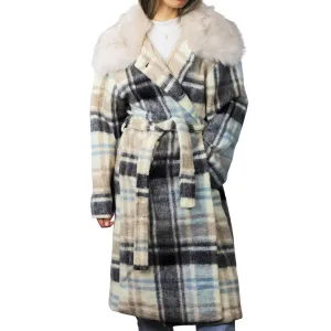 Plaid Long Coat with Trim / Tie Waist - White