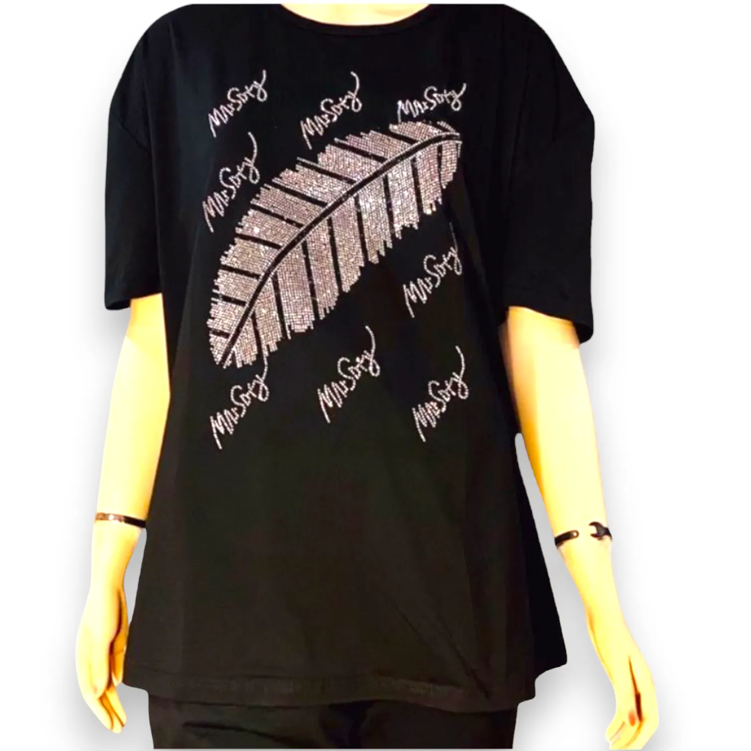 Plus Size Black Diamond Feathered T-shirt