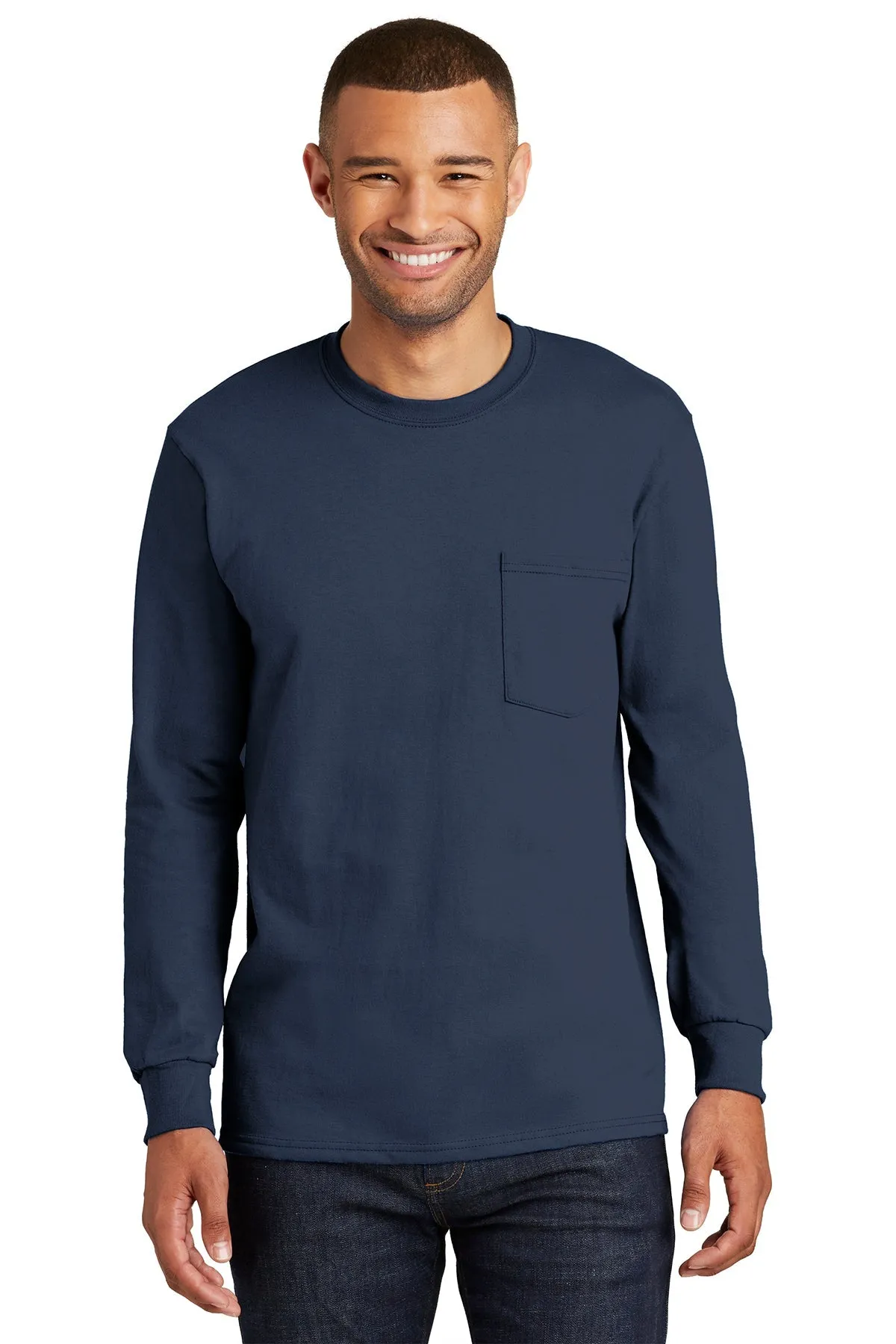 Port & Company Tall Long Sleeve Branded Essential Pocket Tee's, Navy