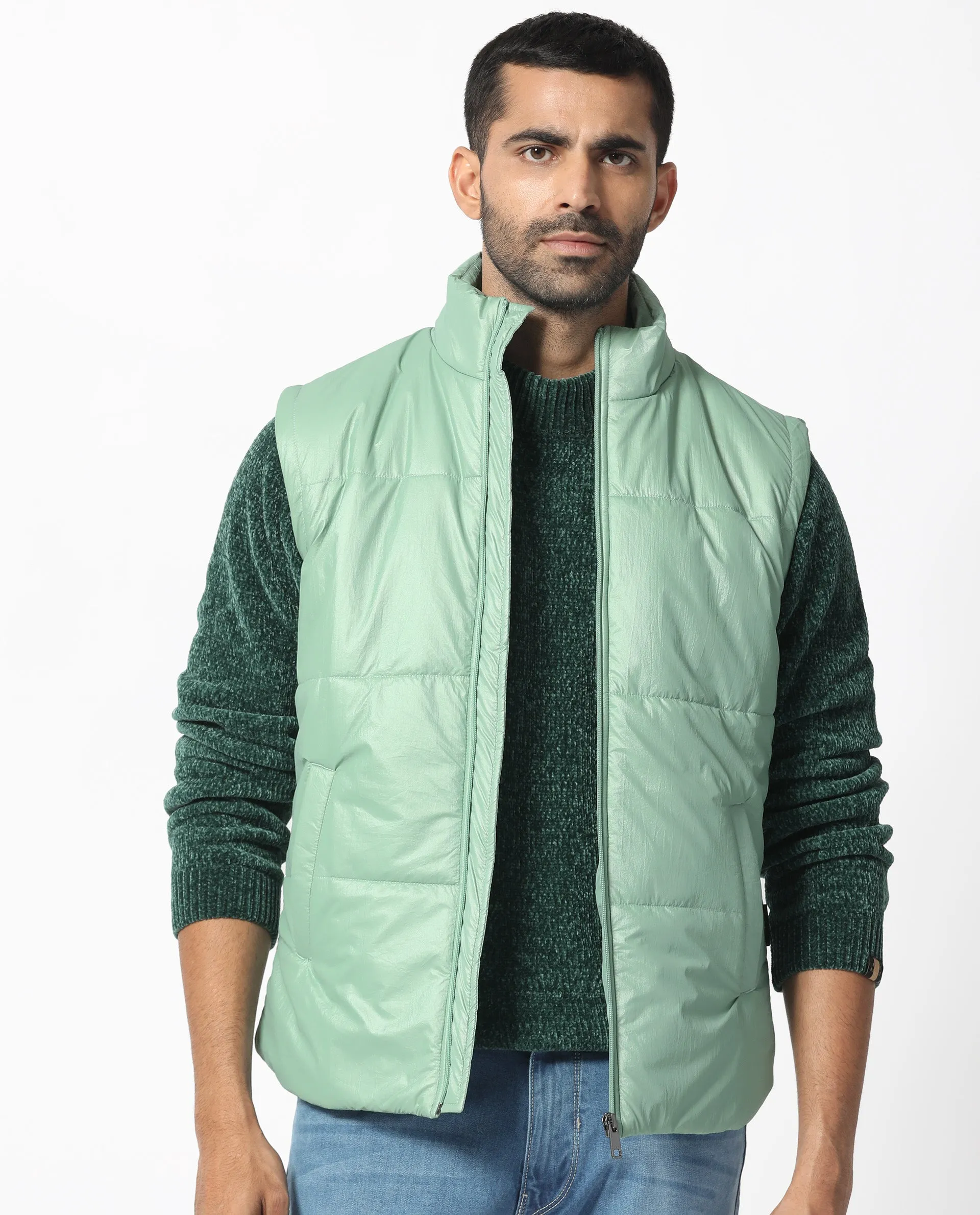 Rare Rabbit Men's Colson Light Green Quilted High Neck Sleeveless Puffer Jacket