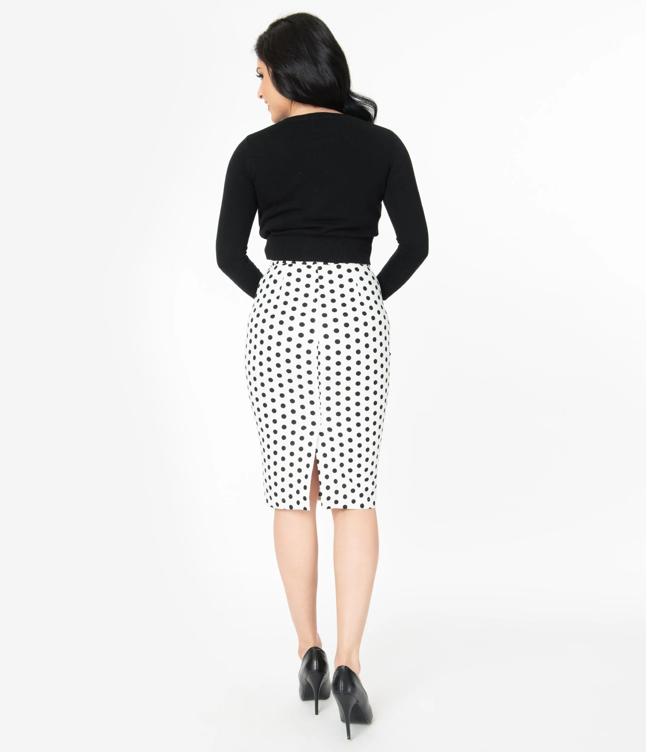 Retro Style White & Black Polka Dot Pencil Skirt