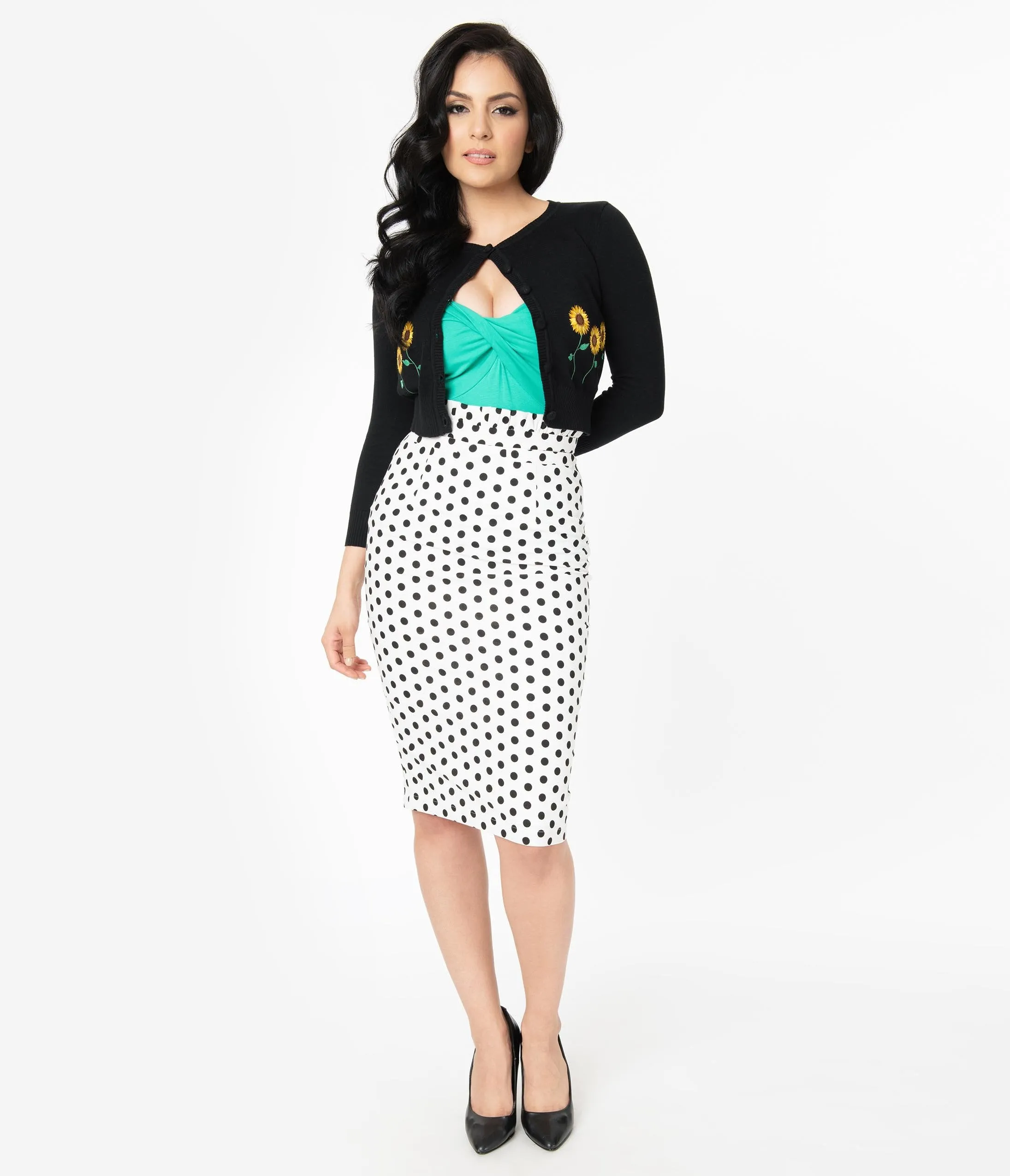 Retro Style White & Black Polka Dot Pencil Skirt