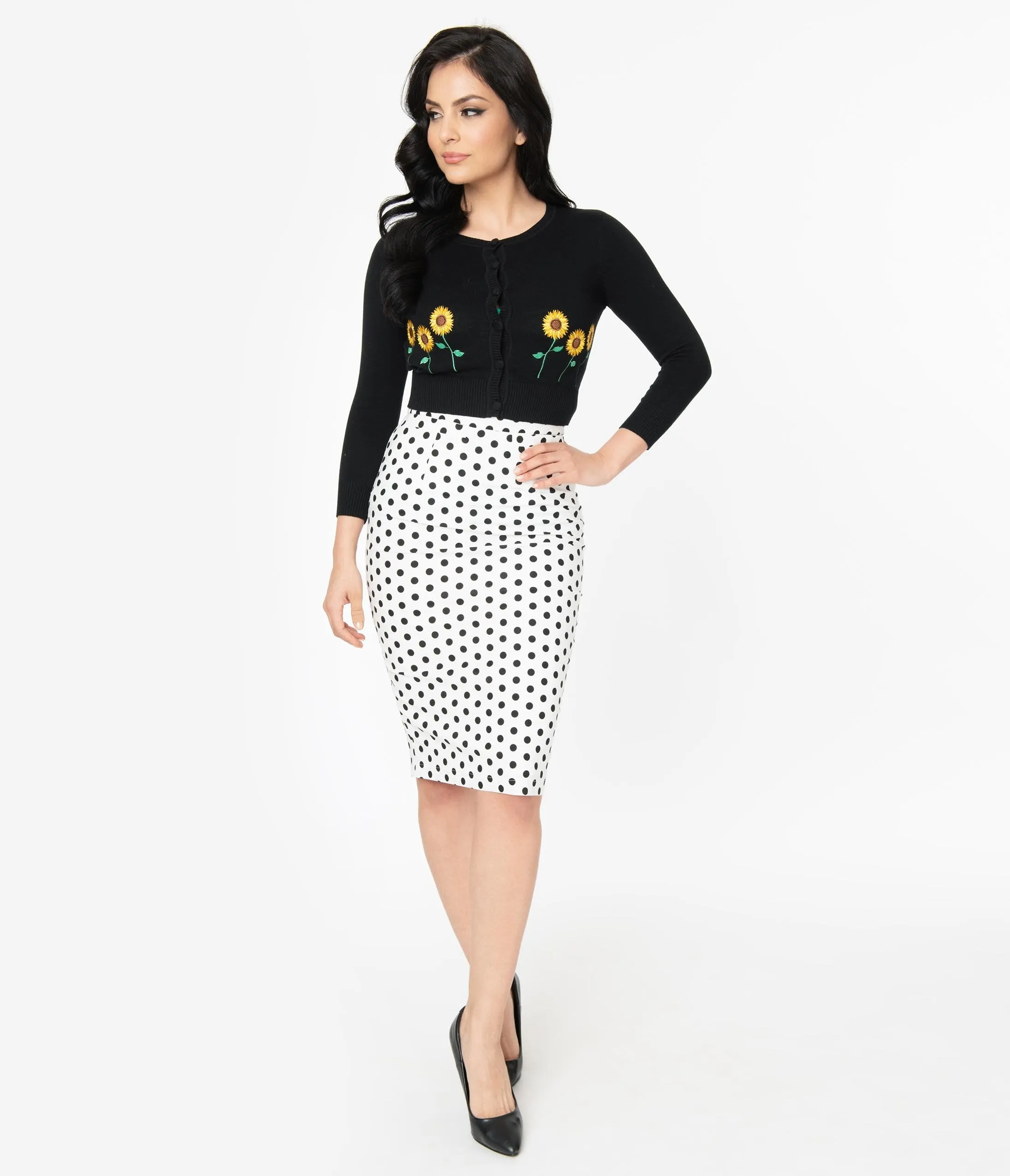 Retro Style White & Black Polka Dot Pencil Skirt