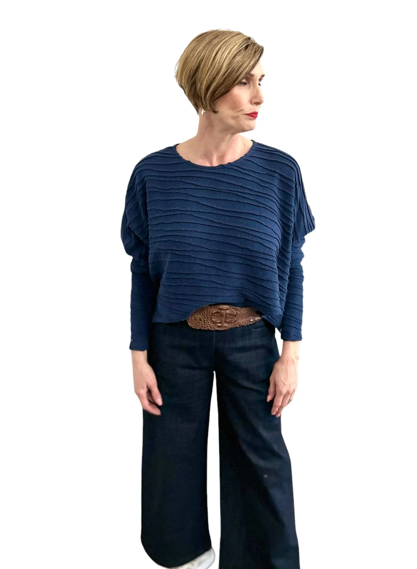 Round Neck Sweater Flare Cut Navy