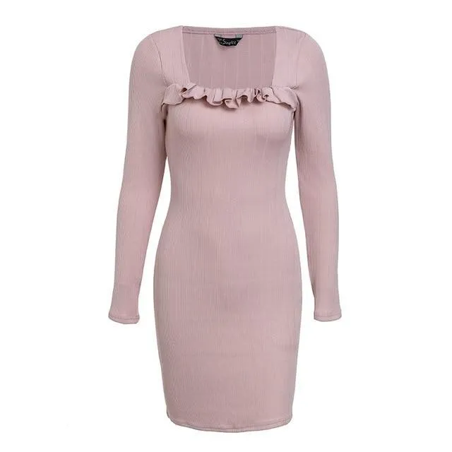 Ruffles Square Neck Knitted Sweater Dress