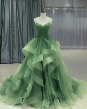 Sage Green Quinceanera Dresses Organza Ruffles With Spaghetti Straps Dress   fg4615